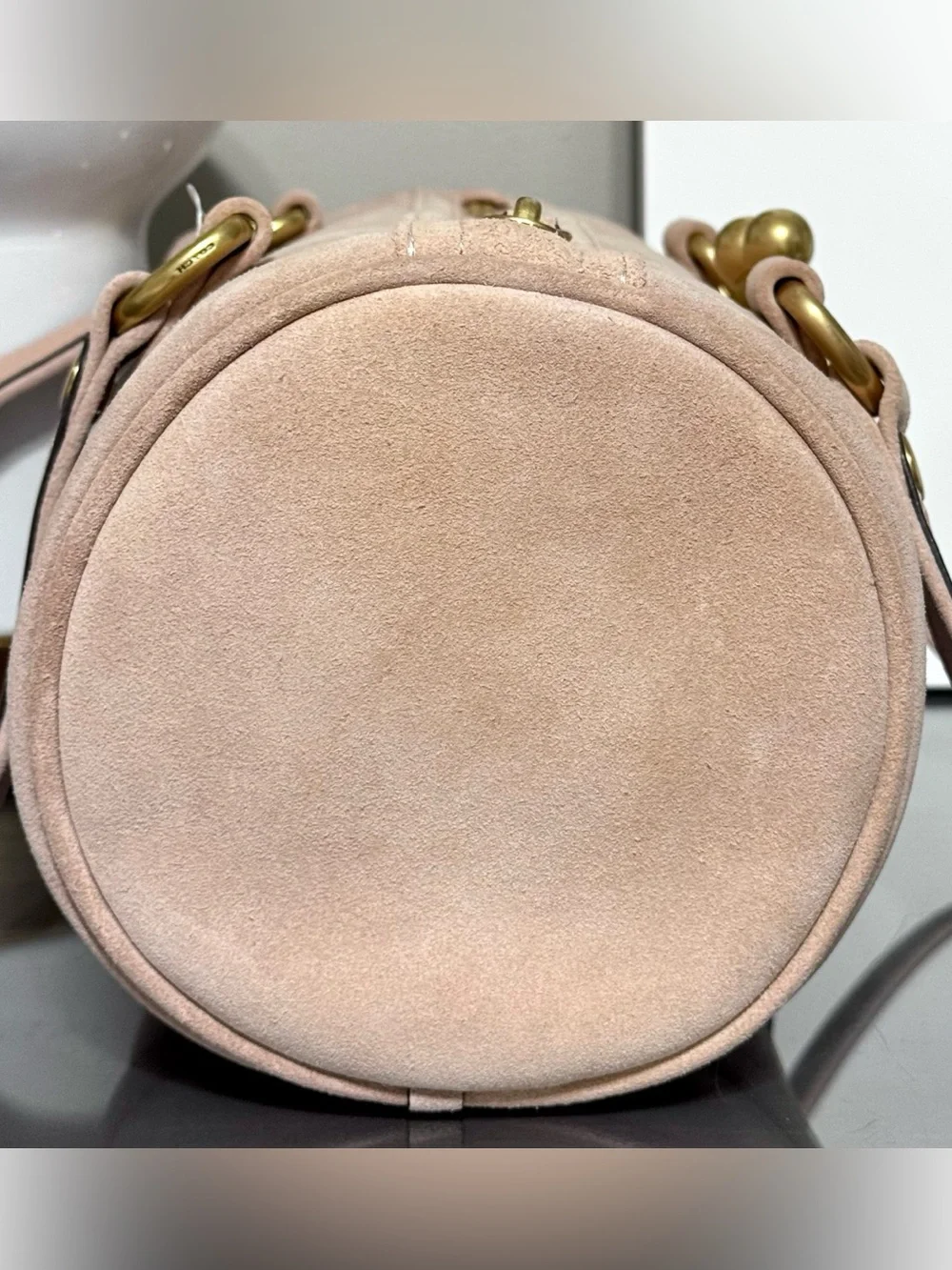 COACH Kisslock Medium Suede Barrel Bag, NUAGE